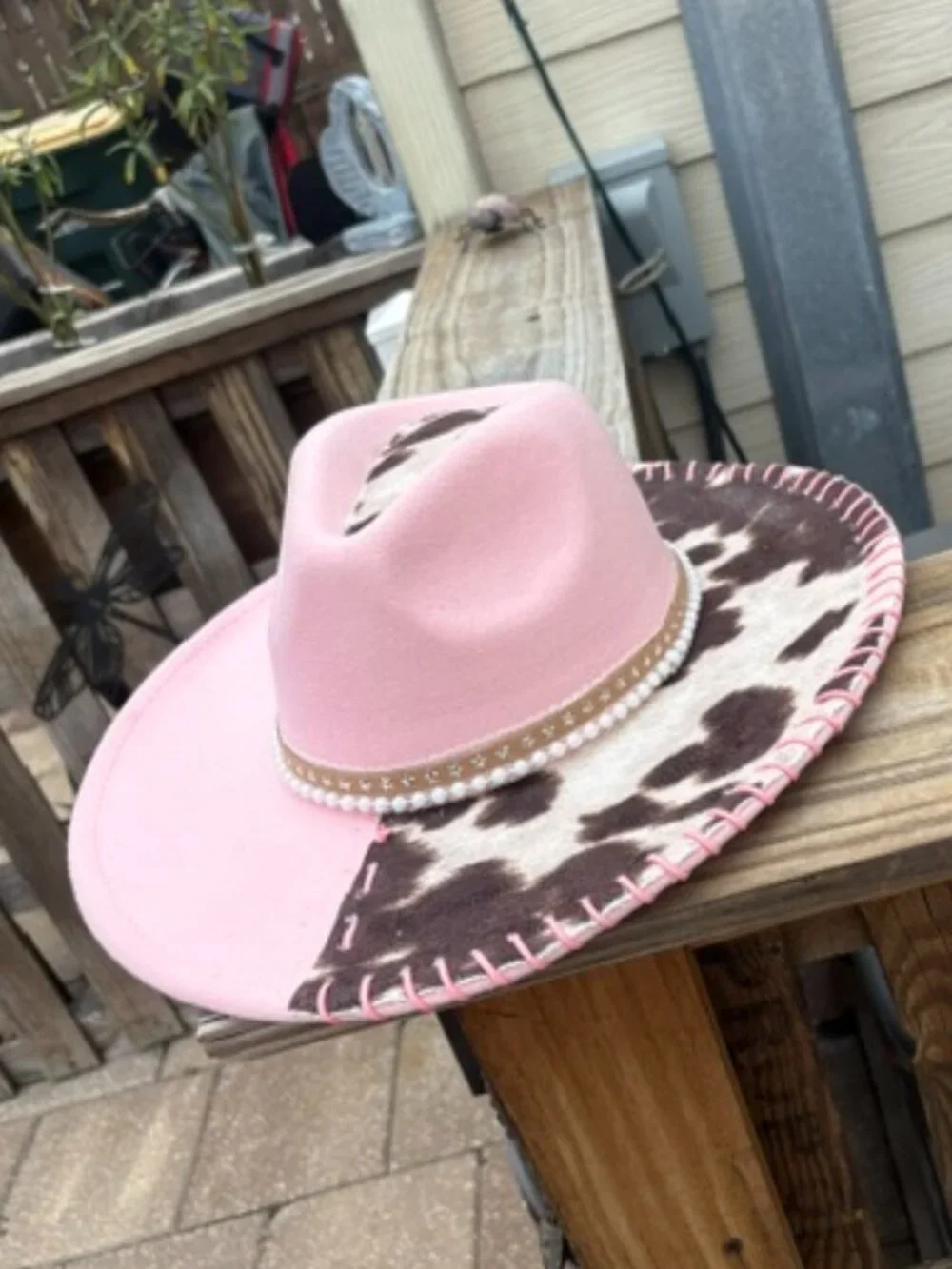 Pink & Cowhide Split Western Cowboy Hat with Pearl Band